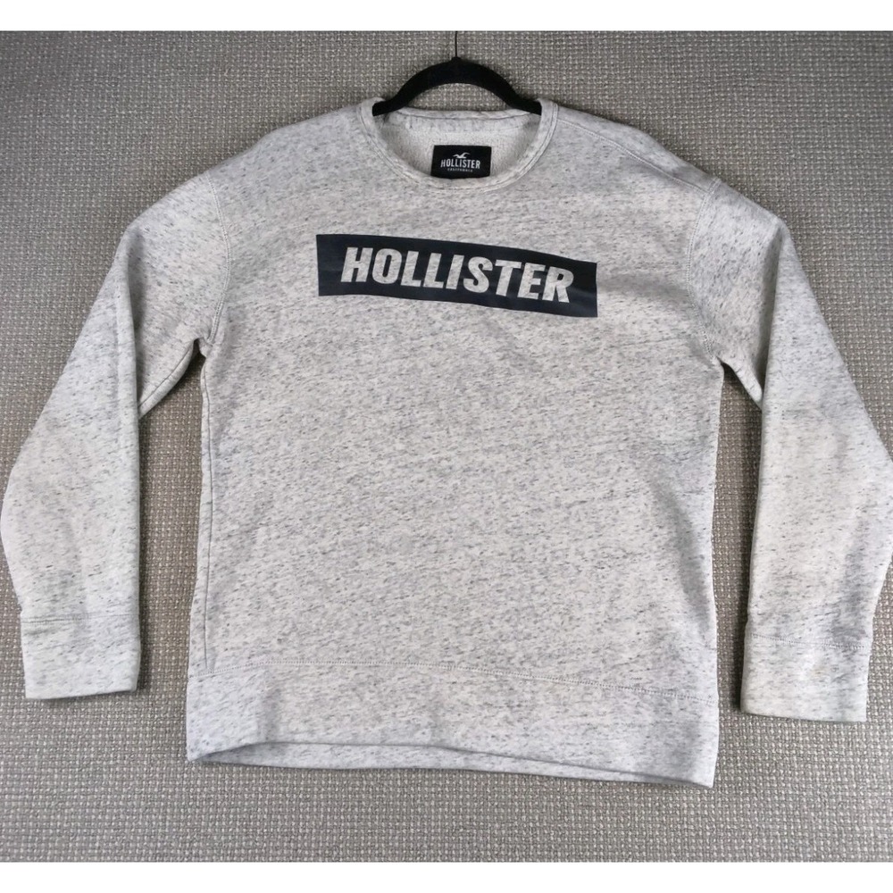 Hollister Logo Front Long Sleeve Pullover Sweater Gray Black Logo Small